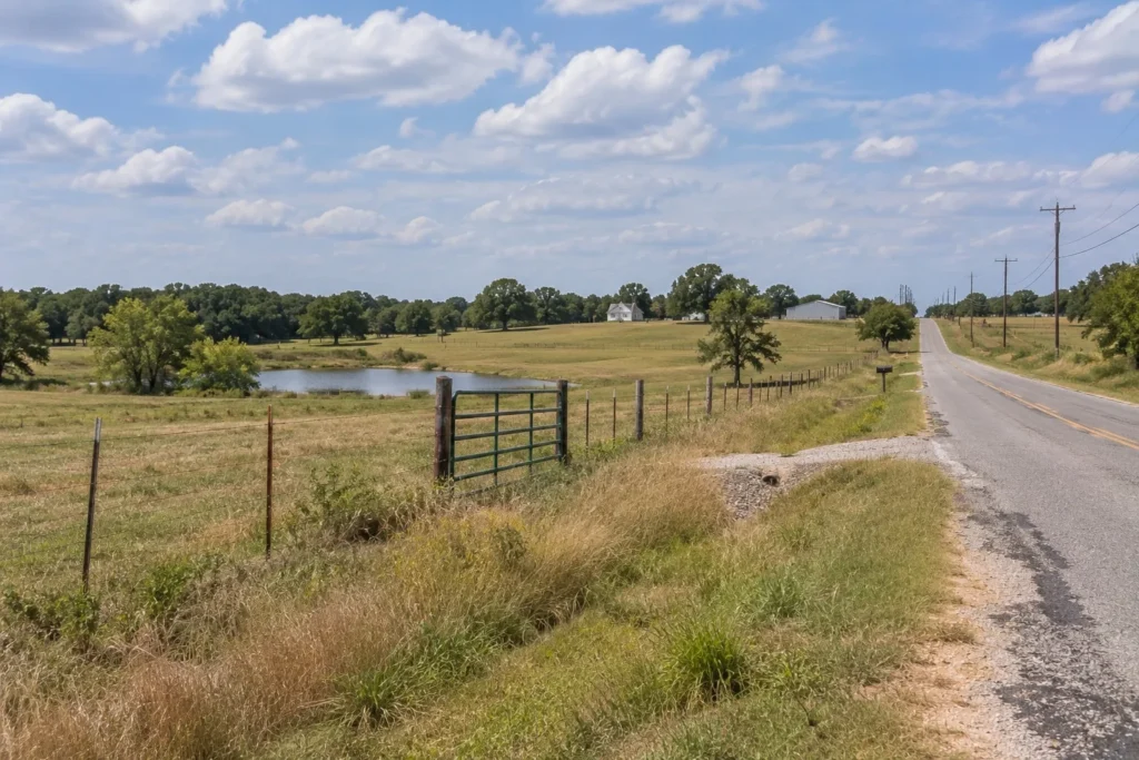 County road frontage with a pipe gate, barbed-wire fence and pasture with a stock pond in rural Grayson County