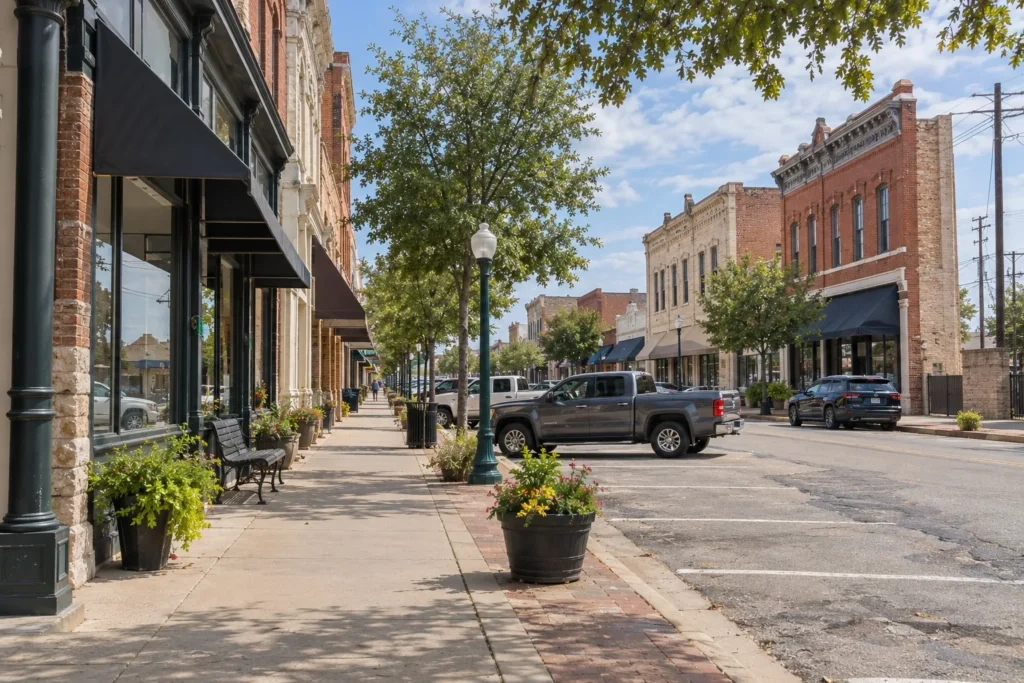 Restored brick and limestone storefronts along a historic North Texas main street