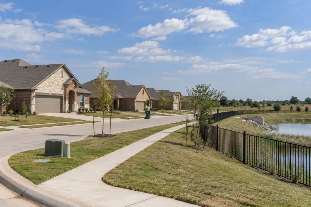 Newly finished one-story brick homes beside a fenced stormwater detention pond in a North Texas subdivision