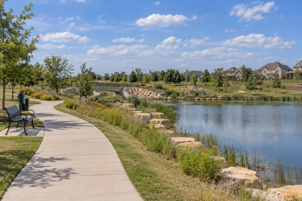 Hike-and-bike trail along a fishing lake with newer two-story homes in a Collin County master-planned community
