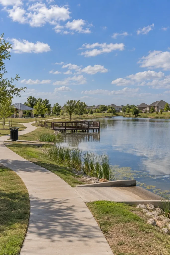 Trail, fishing pier and kayak launch at a small city park lake in a North Texas suburb
