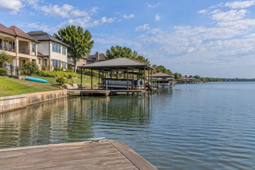 Lakefront homes with covered boat docks on a reservoir east of Dallas
