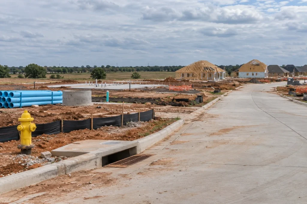 New subdivision streets, fire hydrant, storm drain and water pipe being installed before homes are built