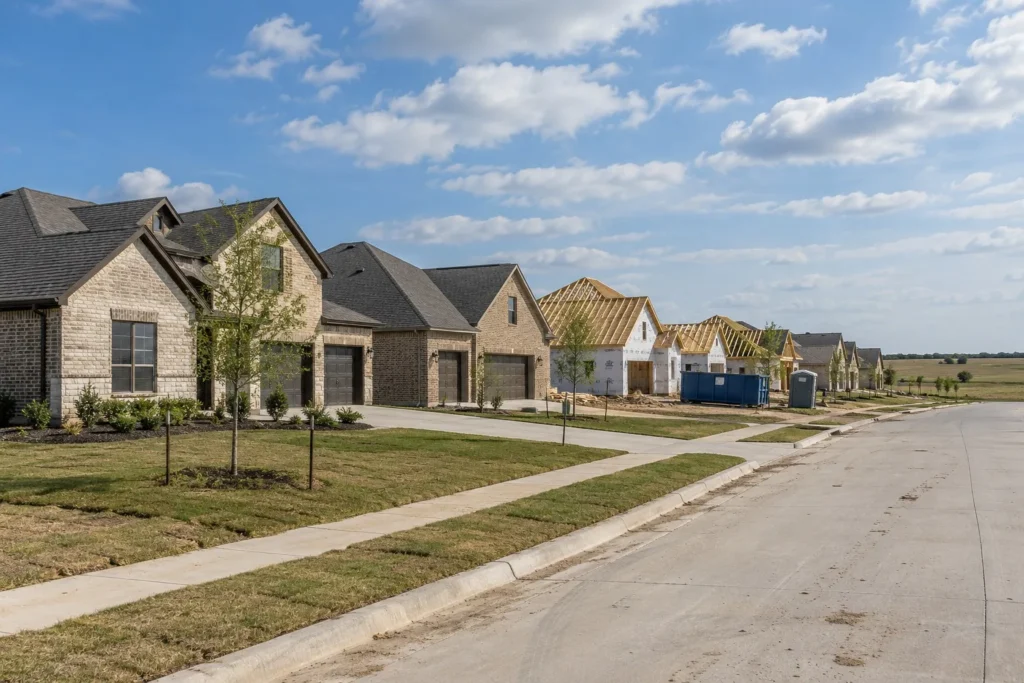 New brick and stone homes on a freshly built North Texas subdivision street, with more homes still being framed