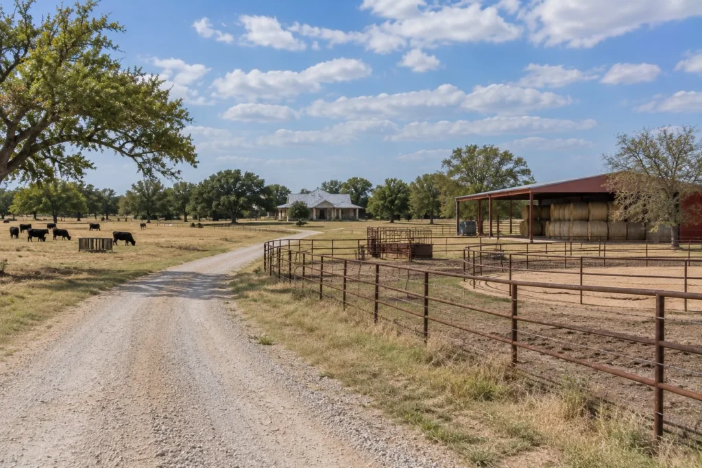 Pipe-fenced pastures and a hay barn on North Texas ranch land