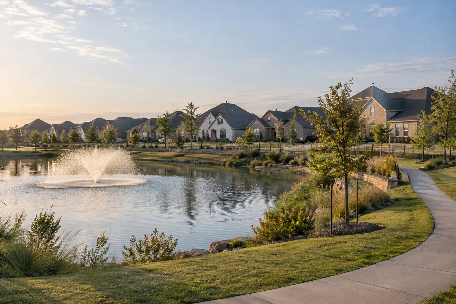 Newer brick homes and a community pond in an Anna, Texas neighborhood