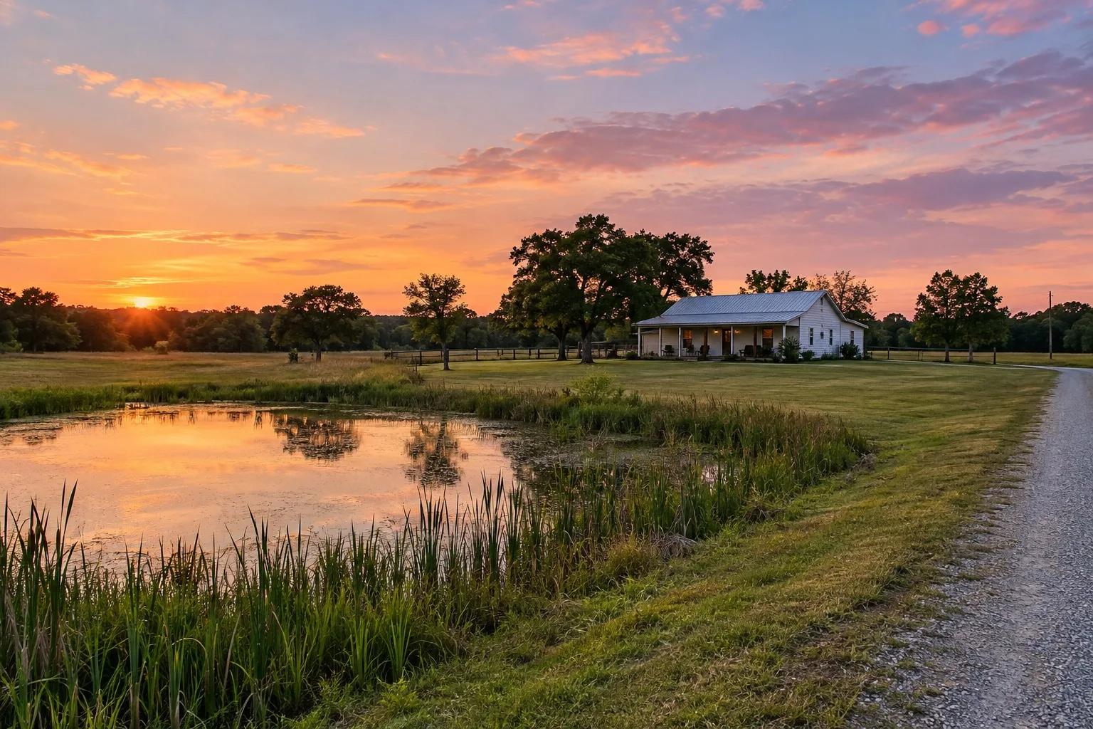 Open pasture and a farmhouse near Bells, Texas