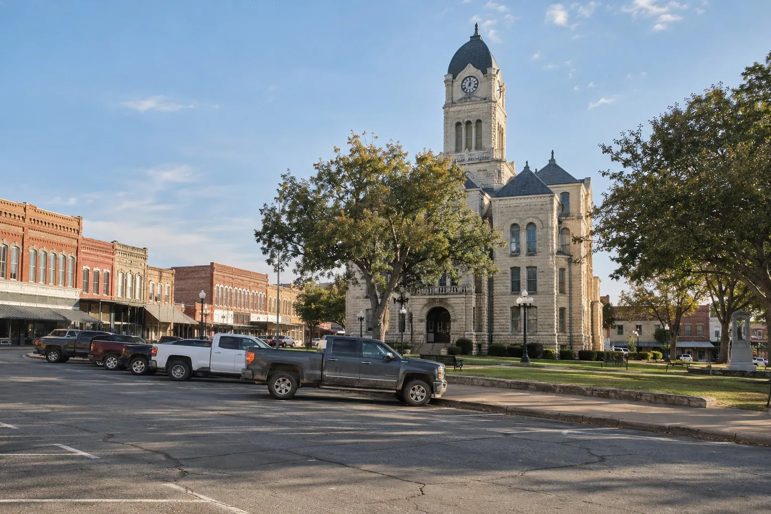 A historic courthouse square with brick storefronts, like the one in Bonham, Texas