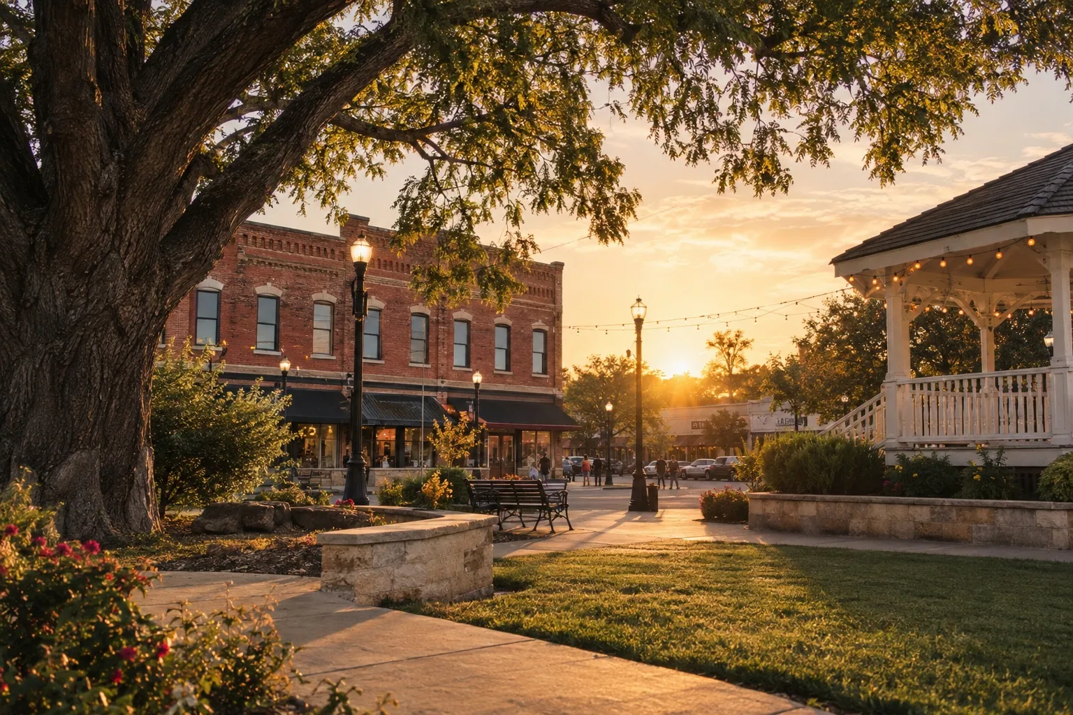 Historic brick building and gazebo on the town square in Celina, Texas