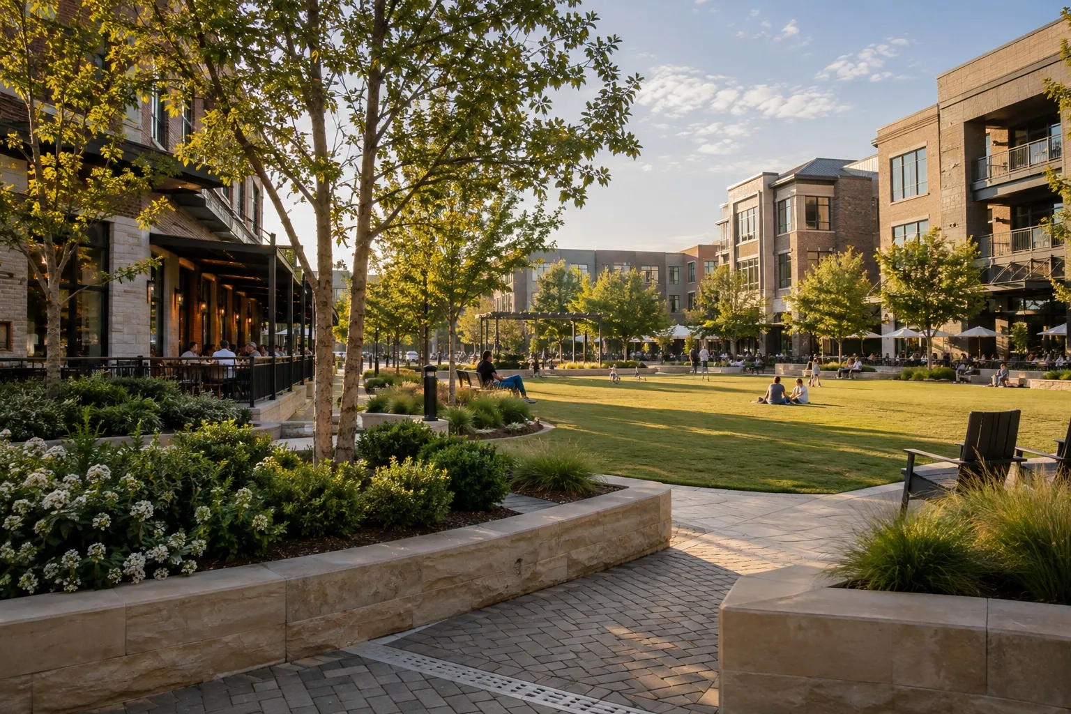 Mixed-use town center with brick buildings and a green lawn in Frisco, Texas