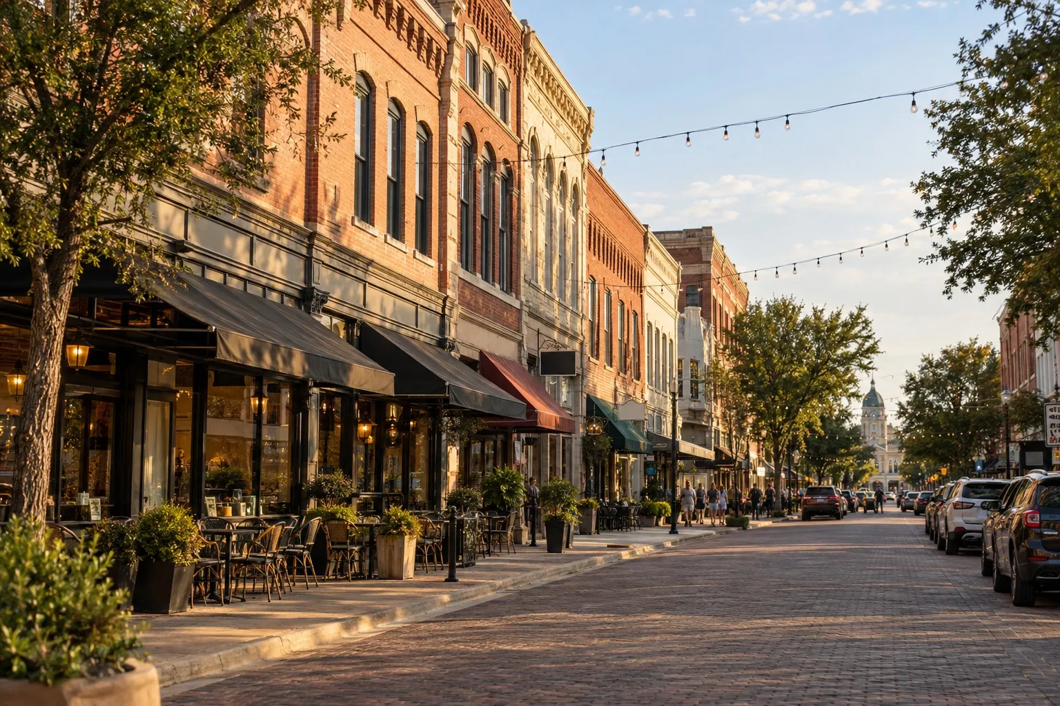 Brick storefronts and string lights on the historic downtown square in McKinney, Texas