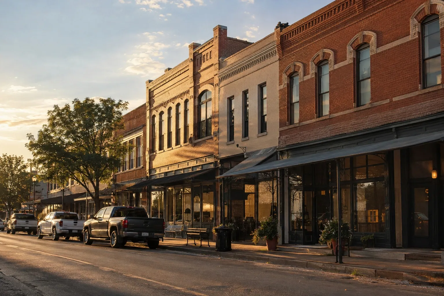 Restored brick buildings along a downtown street in Sherman, Texas