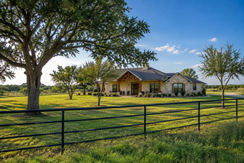 A stone ranch-style home on a large lot in North Texas