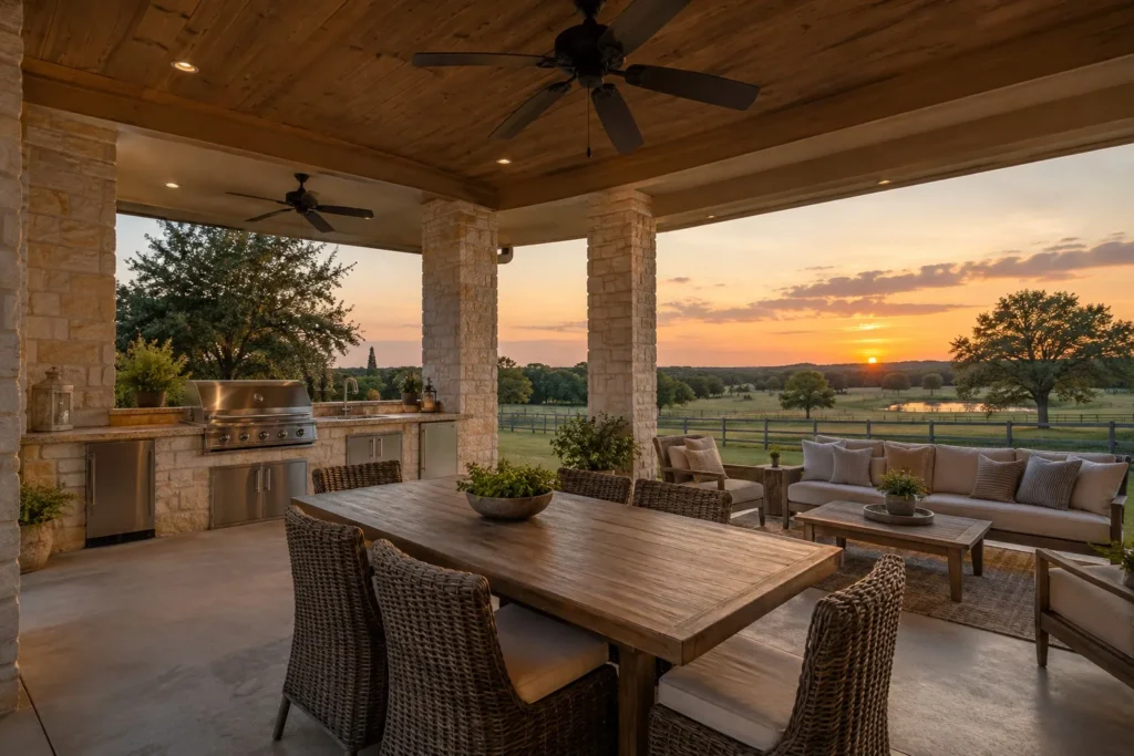 A covered back patio on a newer North Texas home