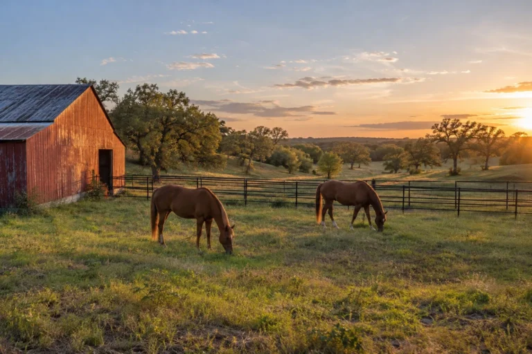 Pasture with a barn at sunset — farm and ranch property in North Texas