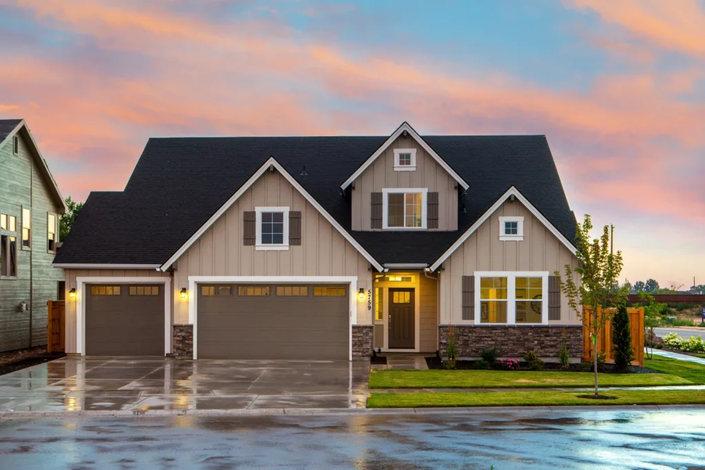 A two-story North Texas home at sunset